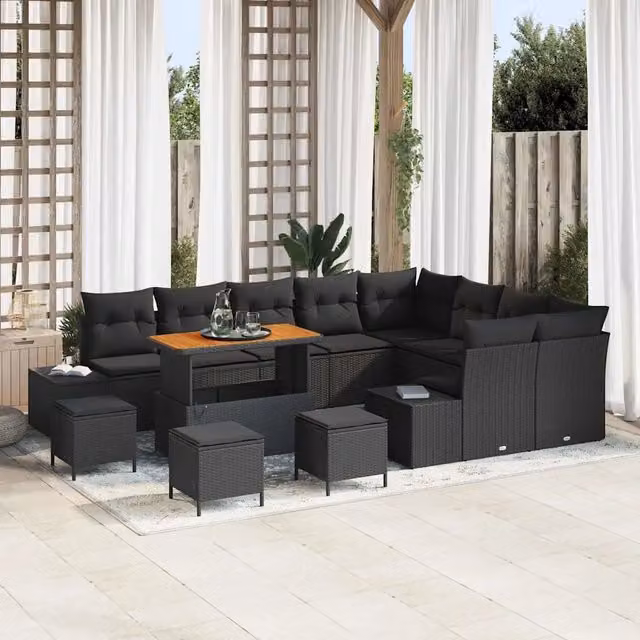 Set Divano da Giardino Moderno vidaXL a Forma a U con 13 Pezzi, Nero