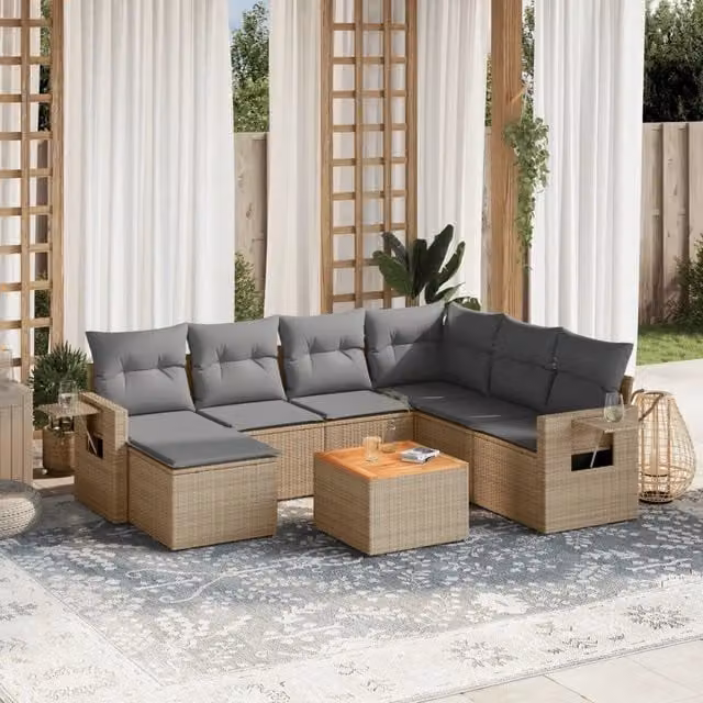 vidaXL Set Divano da Giardino 8 pz a L in Polyrattan con Cuscini Beige e Grigio