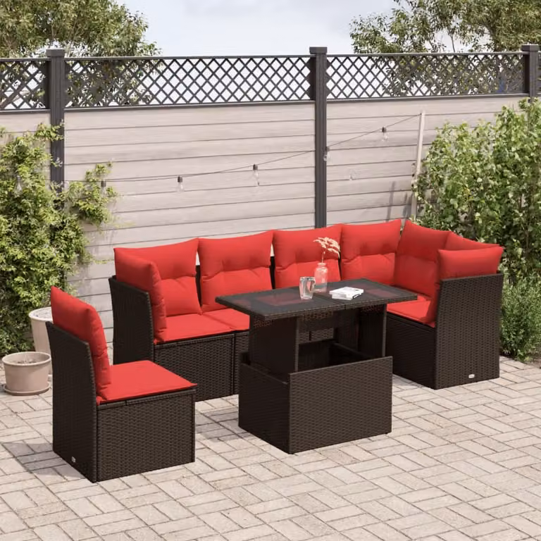Set Divani da Giardino vidaXL 7 Pezzi in Polyrattan Marrone con Cuscini e Tavolino da Esterno