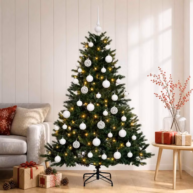 Albero di Natale artificiale con decorazioni natalizie, altezza 150 cm, 150 luci LED