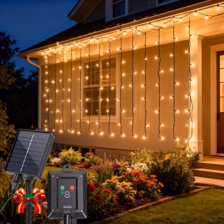 Tenda luminosa solare, 1x1 metro, 100 LED, grado di protezione IP65, luce bianco caldo, 8 modalità