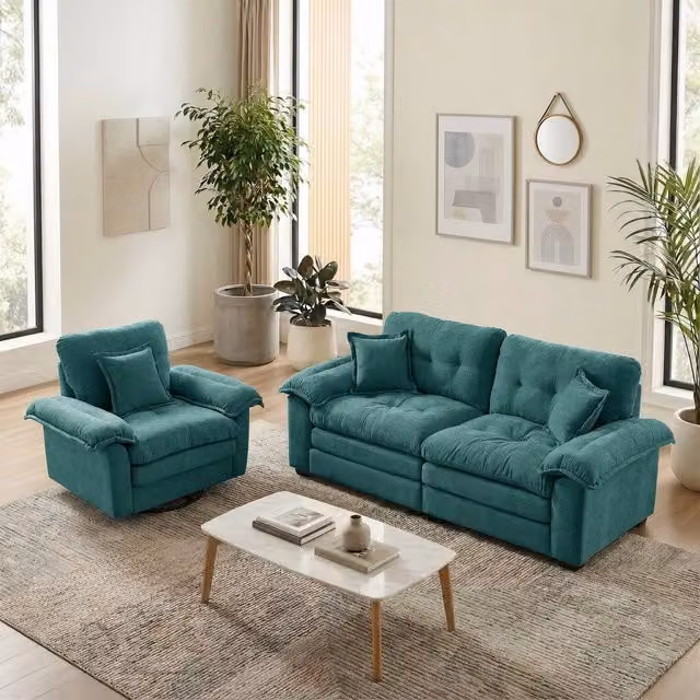 Set divano 2 posti e poltrona ¨C Minimal ¨C in tessuto chenille imbottito con cuscini