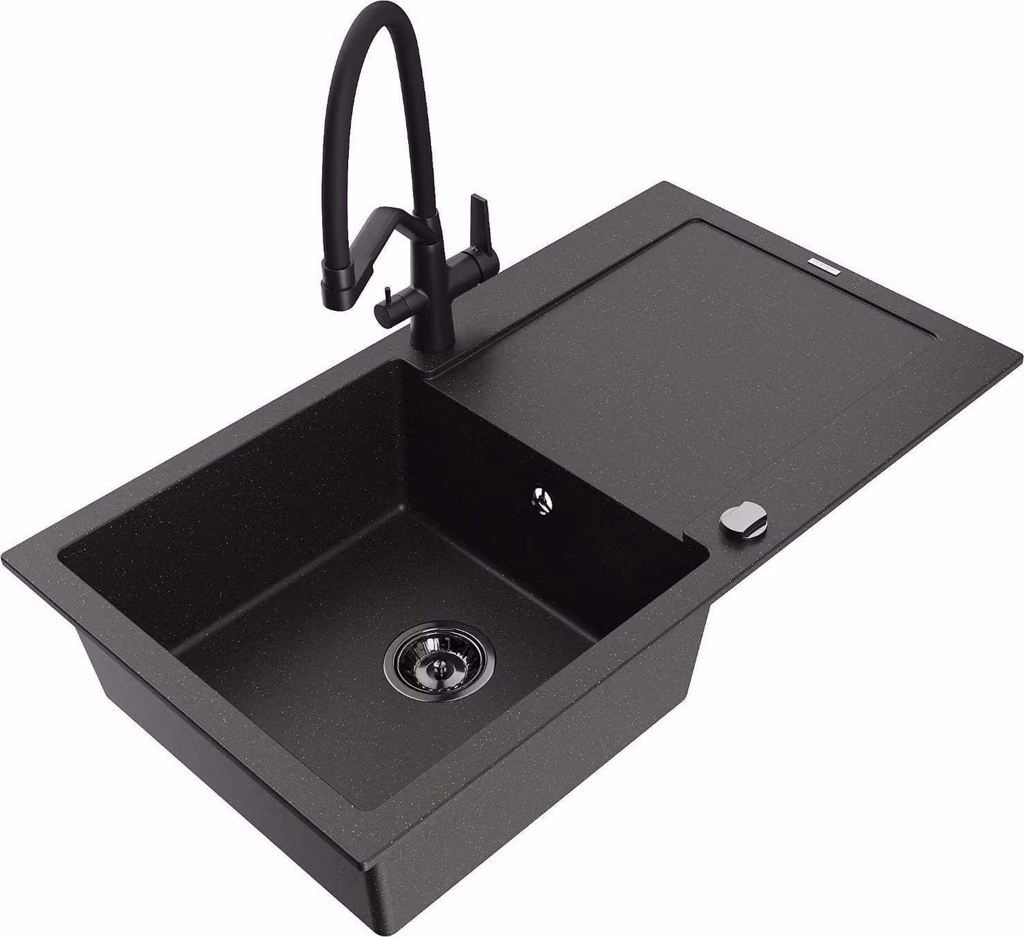 Mexen Leo lavello da cucina in granito a 1 vasca con scolapiatti e miscelatore Duo, nero/oro metallico - 6501-75-671701-70-B