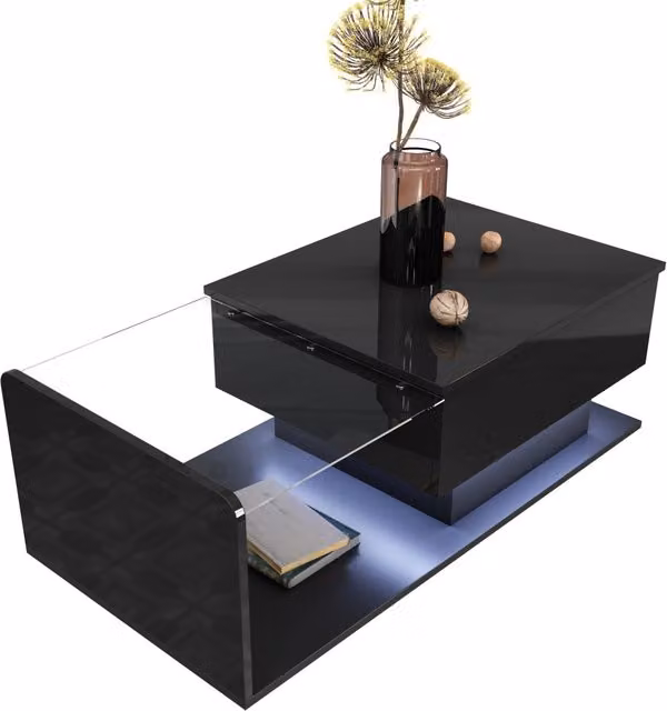 TAVOLINO DA SALOTTO ALZABILE 100x50x33/47,5 cm NERO LUCIDO CON LED