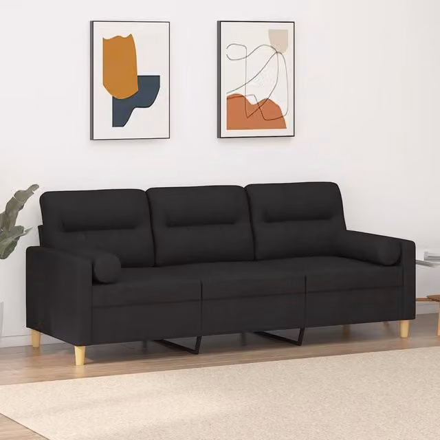 Divano a 3 posti moderno vidaXL in tessuto nero con cuscini e coperture rimovibili L: 198 cm, P: 80 cm, H: 77 cm