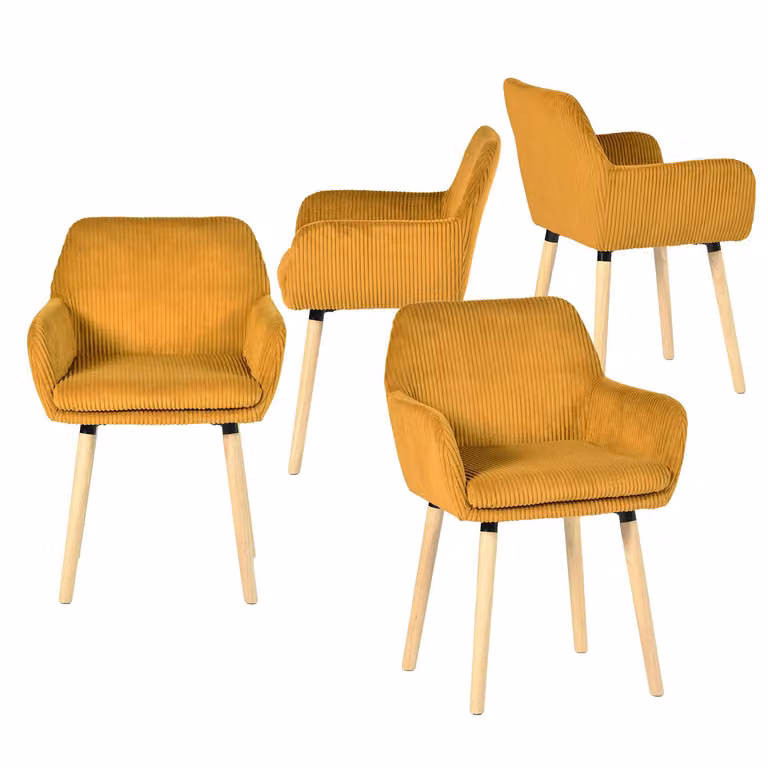 Meubles Cosy: set di 4 sedie da pranzo in stile scandinavo con gambe in legno e braccioli gialli in velluto a coste – ELIA