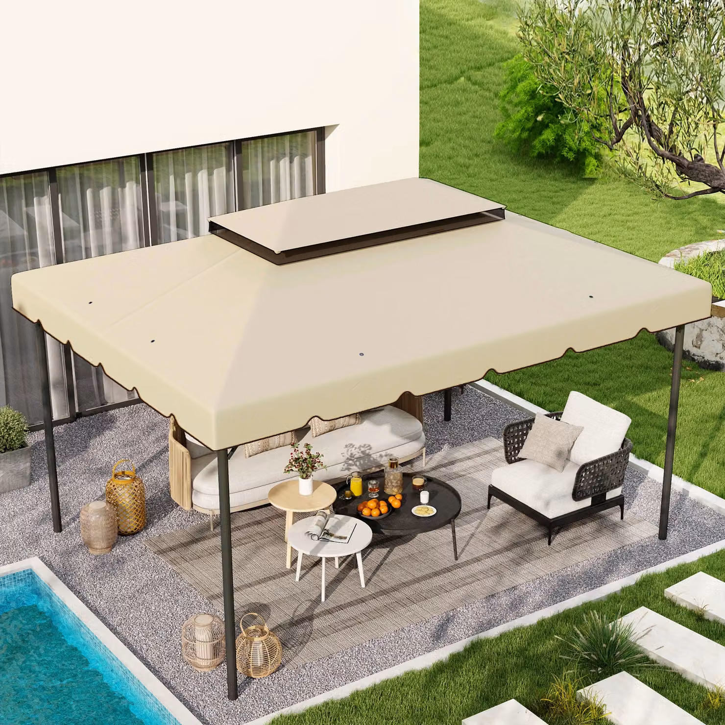 Telo di ricambio per gazebo Outsunny con doppio tetto e fori di drenaggio, beige, 4x3 m – 2