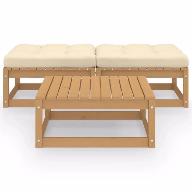 Set da giardino vidaXL in legno di pino marrone con cuscini beige composto da divano a 3 posti, tavolino da caffè e pouf