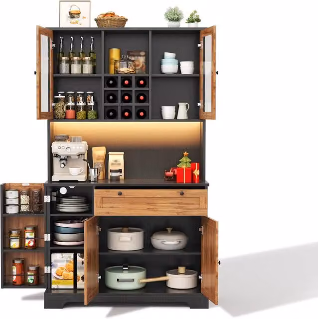 Credenza alta da cucina 180 × 105 × 40 cm con LED RGB e prese; nero e legno naturale
