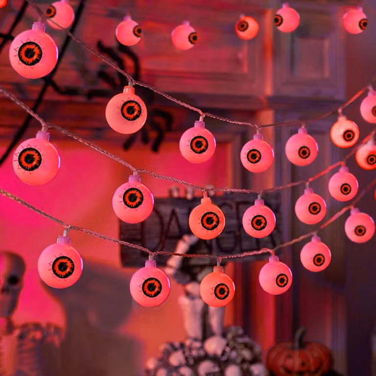 Catena luminosa a tema Halloween, con 40 LED a forma di occhi, lunghezza 6 metri, colore rosso, 2 modalità