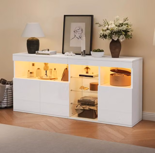 Mobile da soggiorno bianco lucido con LED, 3 ante, 3 ripiani in vetro, 155,5x35x72 cm