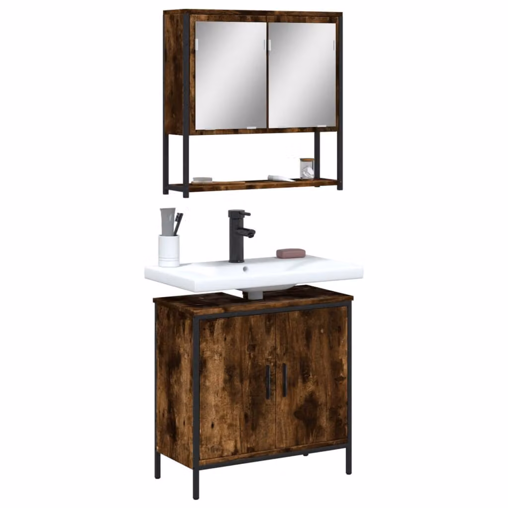 Set Mobili da Bagno vidaXL 2 Pezzi in Legno e Metallo Stile Industrial, Colore Marrone, con Mobile Lavabo e Armadietto con Specchio