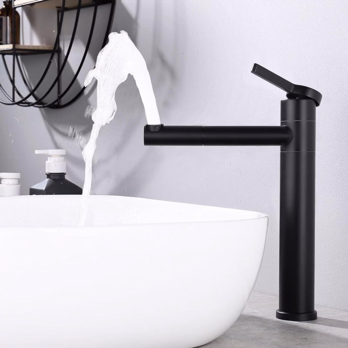 Rubinetto da bagno, colore nero, altezza 360°, bocchetta girevole, corpo in ABS, aeratore, cartuccia in Vetroceramica, miscelatore monocomando