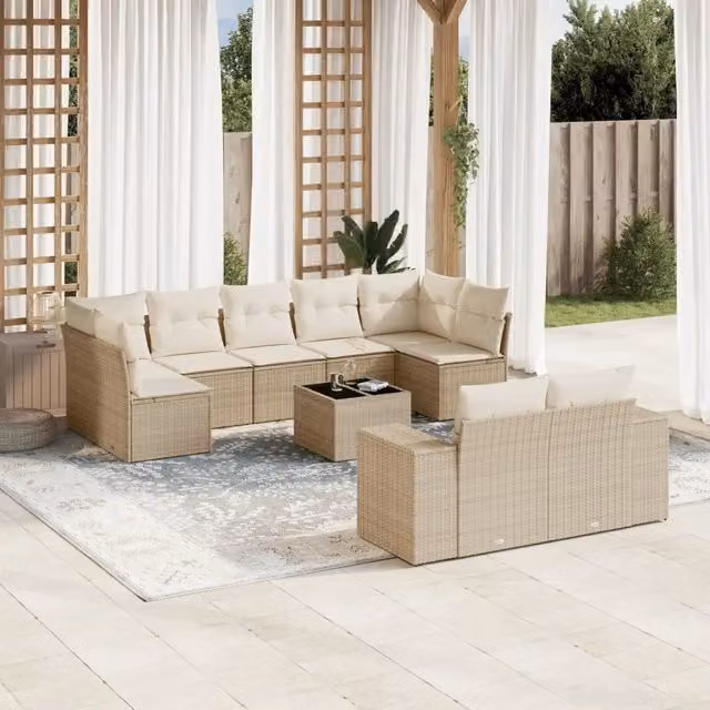 Set Divano da Giardino Moderno VIDAXL in Polyrattan con 10 Cuscini Beige