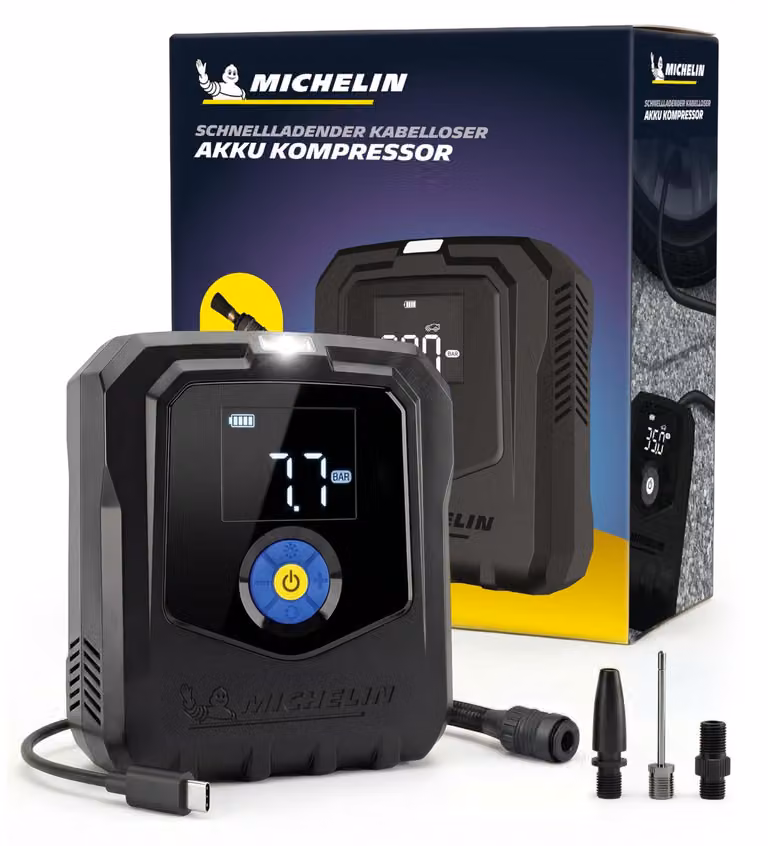 Compressore ad alte prestazioni Michelin Air Power Max, alimentato a batteria agli ioni di litio, con una pressione massima di 9,9 bar e una potenza di 168W