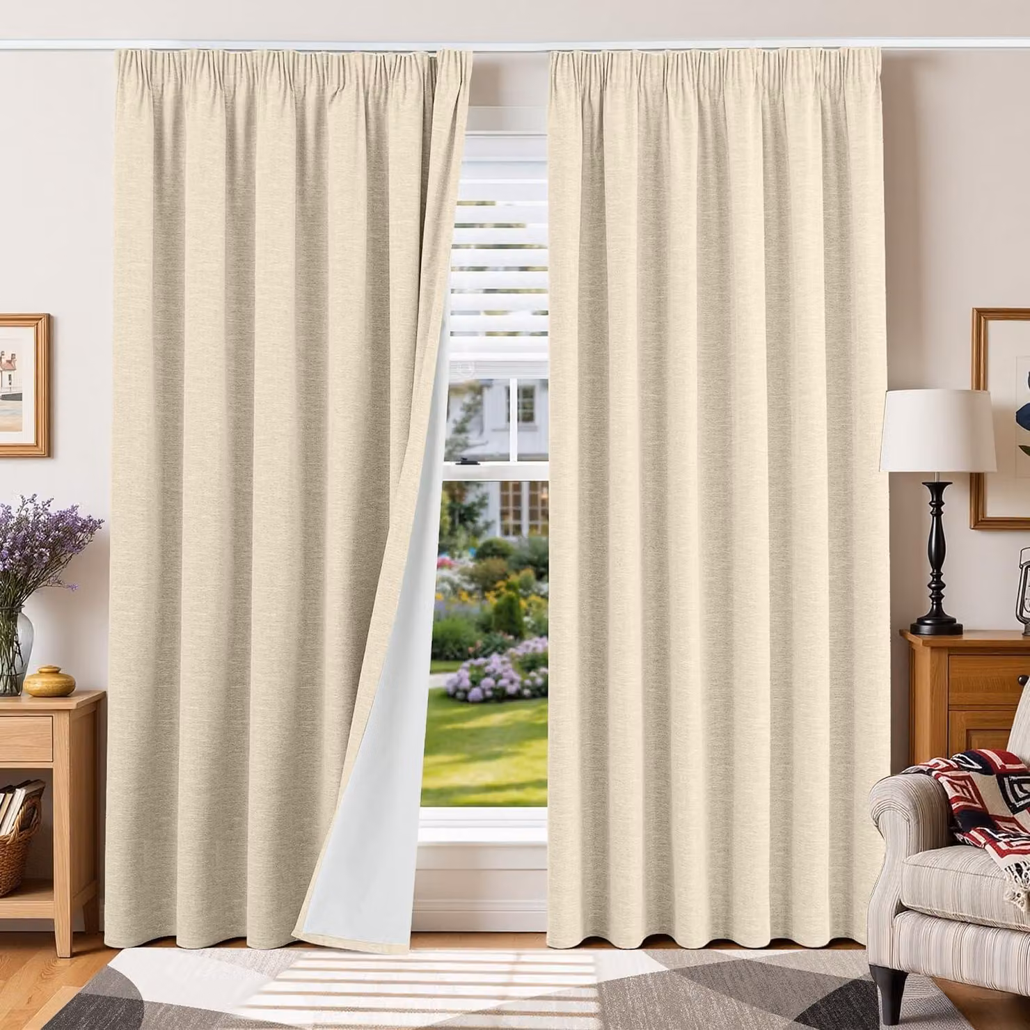 Copriletto, tende oscuranti al 100% con passanti a pieghe, tende oscuranti effetto lino, 200 H x 200 B, 2 tende grigio e bianco, tende termiche, tende per proteggere dal freddo