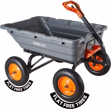 Carrello da giardino ribaltabile VEVOR in polietilene grigio con capacità di carico 680 kg, maniglia regolabile e cuscinetti girevoli a 270 gradi per piante e terriccio