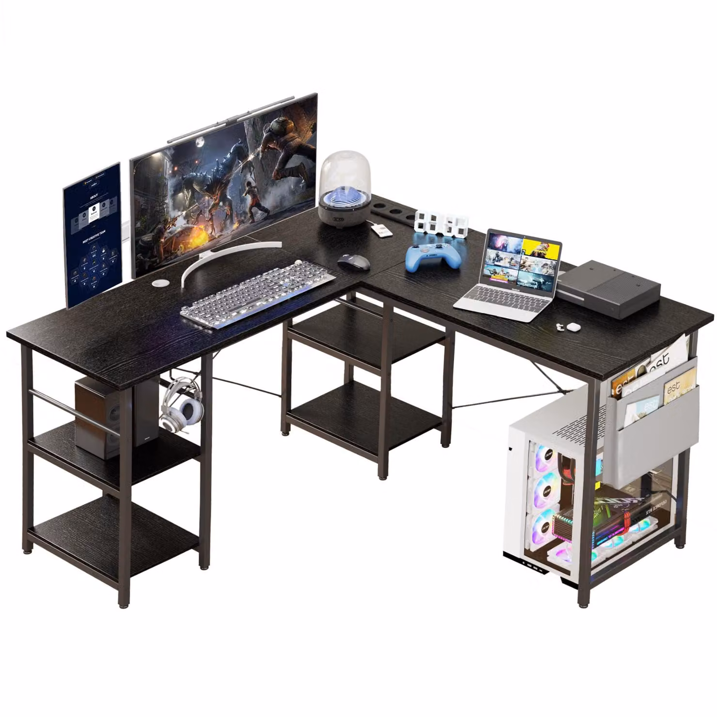 AIORBER Scrivania angolare per computer a forma di L, piano reversibile, con presa elettrica, 140x140x74 cm, colore nero