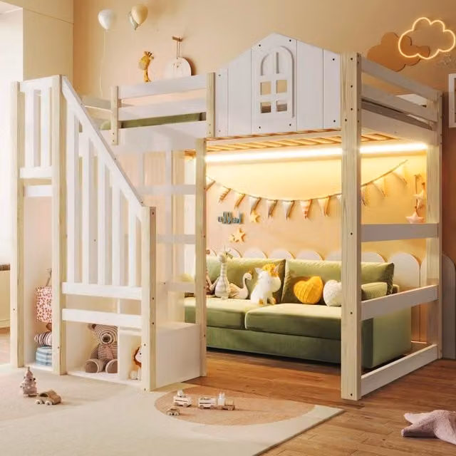 Letto a soppalco 140x200 con luci LED; scala contenitore e sponde; pino e MDF bianco e naturale; per cameretta