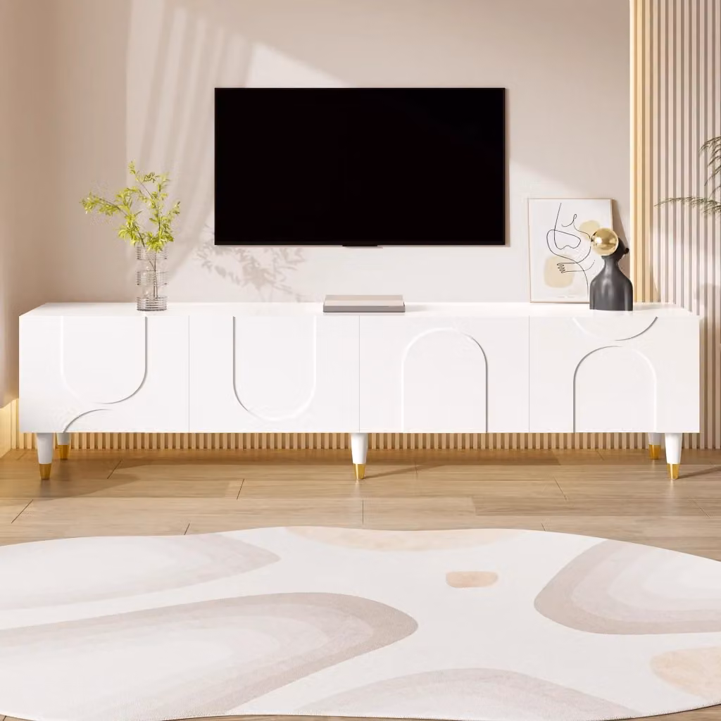 Cassettiera TV KOMHTOM bianca in MDF e legno per soggiorno, L: 180 cm, P: 40 cm, H: 50 cm – 2