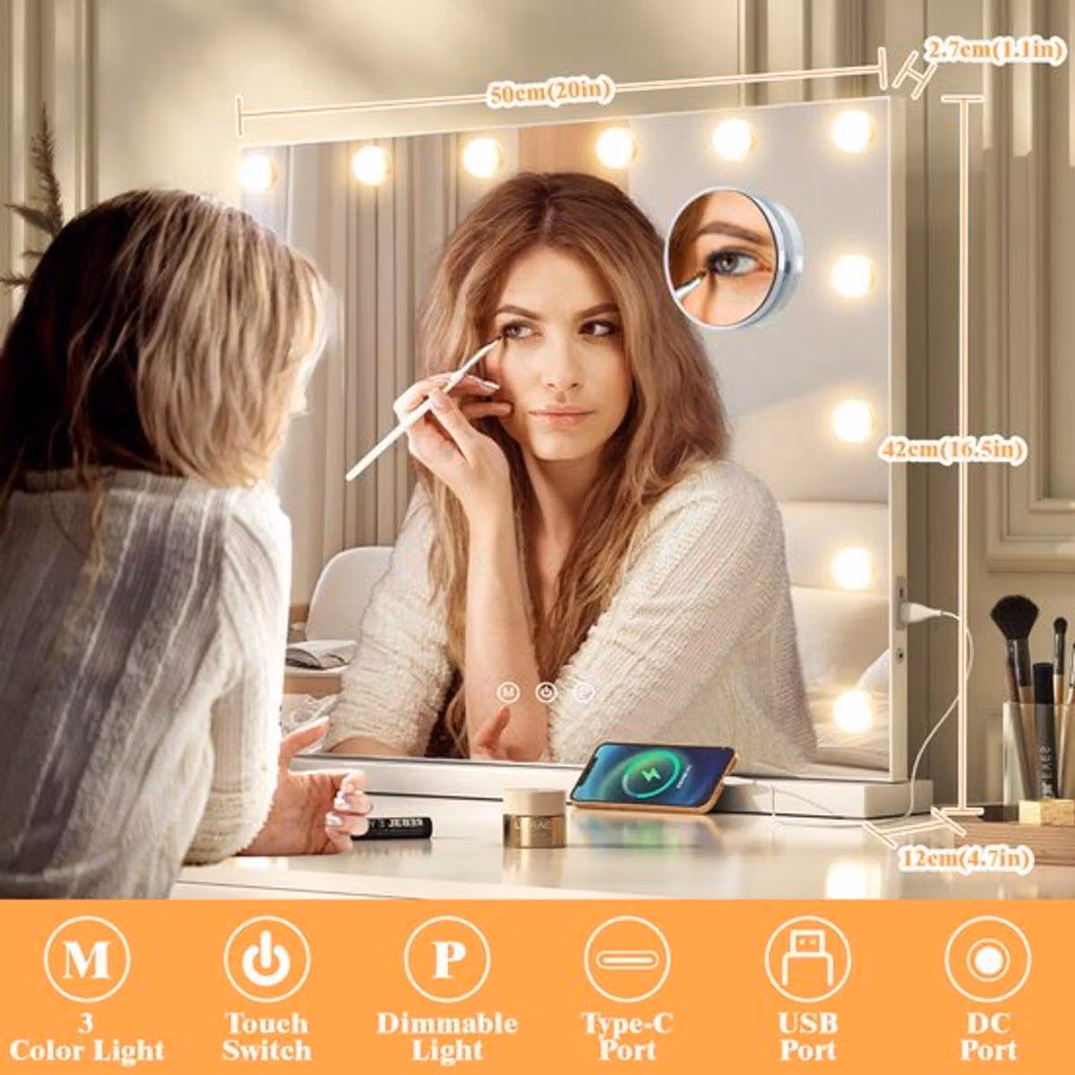 Specchio da trucco con illuminazione a LED e interruttore touch - Bianco, 40x50 cm - Da montare a parete