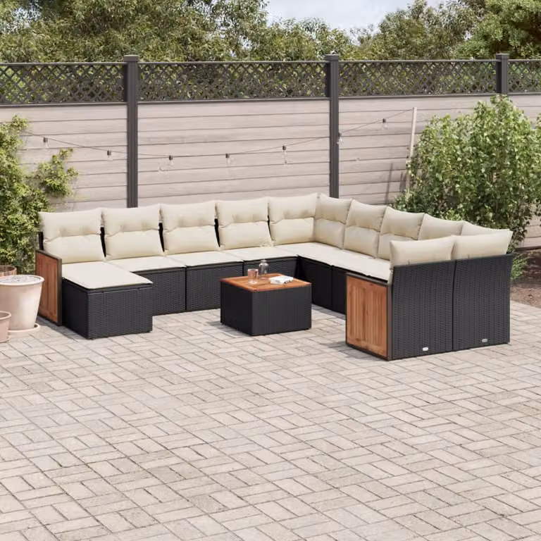 vidaXL Set Divani da Giardino 12 pz a forma a U con Cuscini, Tavolino e Ottoman, Colore Nero e Bianco, in Polyrattan e Legno di Acacia