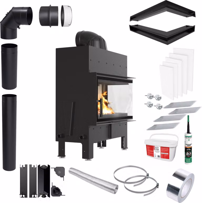 KRATKI FLOKI L Caminetto 12 kW destro Ø200 nero Set di installazione