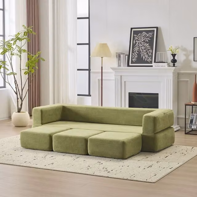 Divano letto modulare in schiuma con funzione dormiente e tappeto gioco, per piccoli spazi, in ciniglia verde