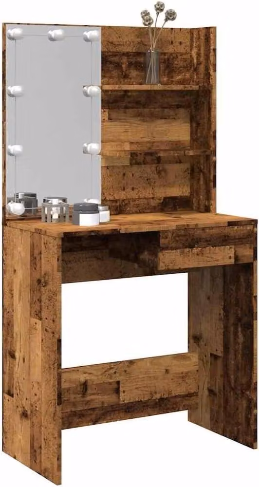 Comò da trucco con illuminazione a LED, aspetto legno anticato, dimensioni 74,5x40x141 cm, dotato di specchio, cassetto e ripiani, con luce USB bianco caldo/bianco freddo. Organizer e spazio contenitivo per la camera da letto
