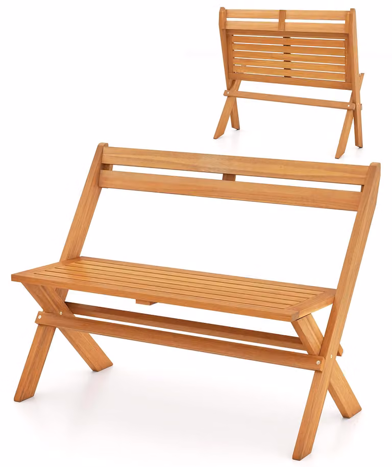 KOMFOTTEU Panchina da giardino pieghevole per 2 persone, panchina in legno con schienale inclinato, seduta a doghe, struttura in legno massello, portata di 360 kg, ideale per terrazze, giardini, zone piscina e verande