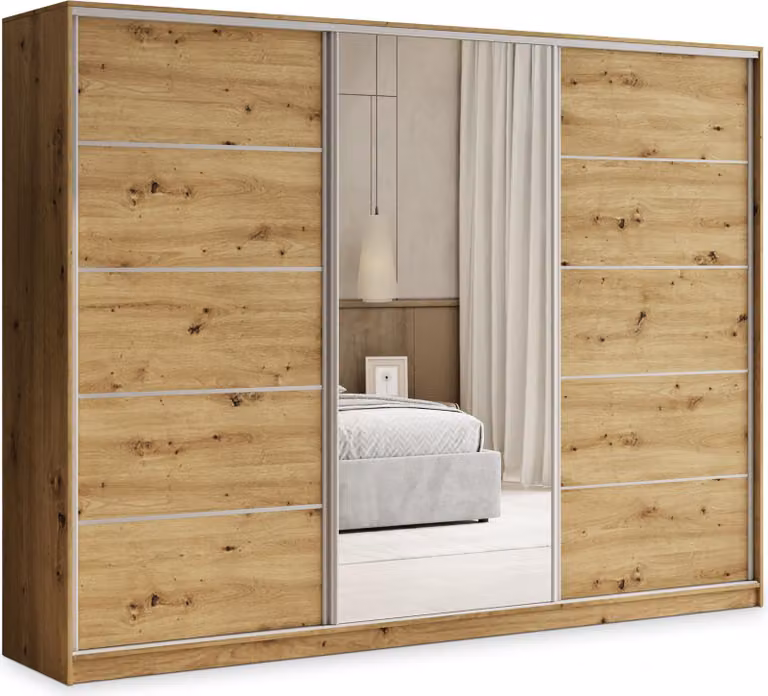 Armadio scorrevole Masseno PINA 235/205/58 cm Armadio con 4 cassetti Armadio per camera da letto a 3 ante con specchio Rovere Artisan