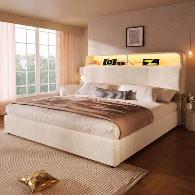 Letto contenitore matrimoniale 140 × 200 cm con LED, USB e Type-C, testiera regolabile, senza materasso, beige
