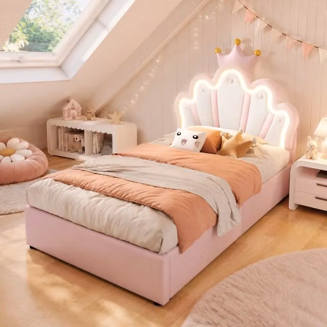 Letto contenitore Mivray con illuminazione LED e testiera regolabile in ecopelle rosa, L/P/H: 90 x 200 x 91.5 cm