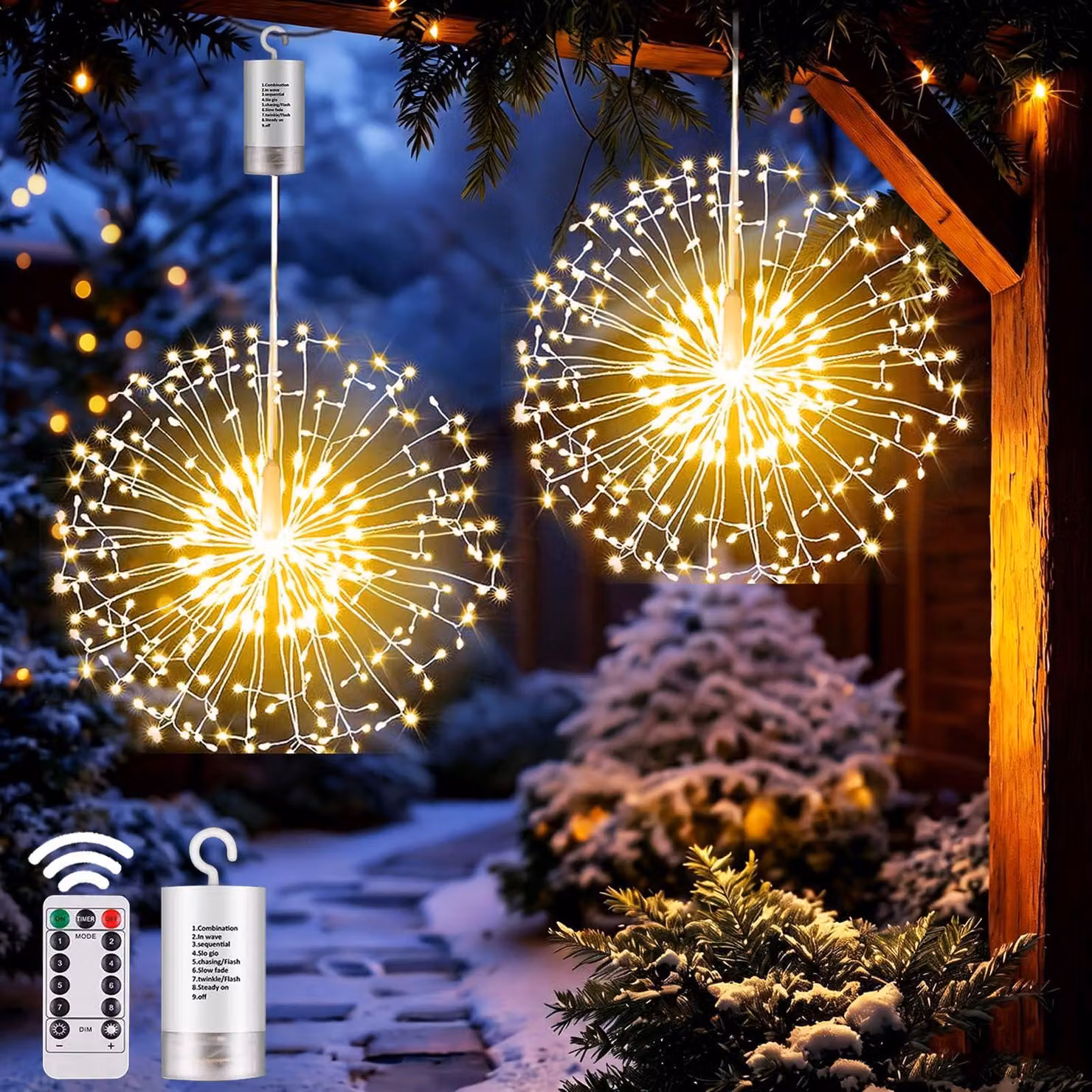 198 luci decorative a LED per fuochi d'artificio, set da 2, alimentate a batteria, luce bianco caldo