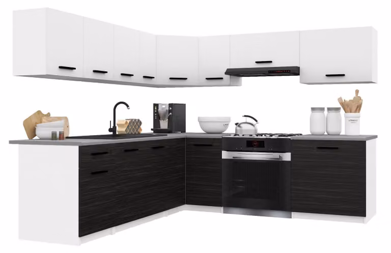 Belini - Angolo cottura moderno ITALIA 7 - Mobili da cucina 420 cm bianco-ebano opaco - Cucina componibile con pensili, mobili base e piani di lavoro