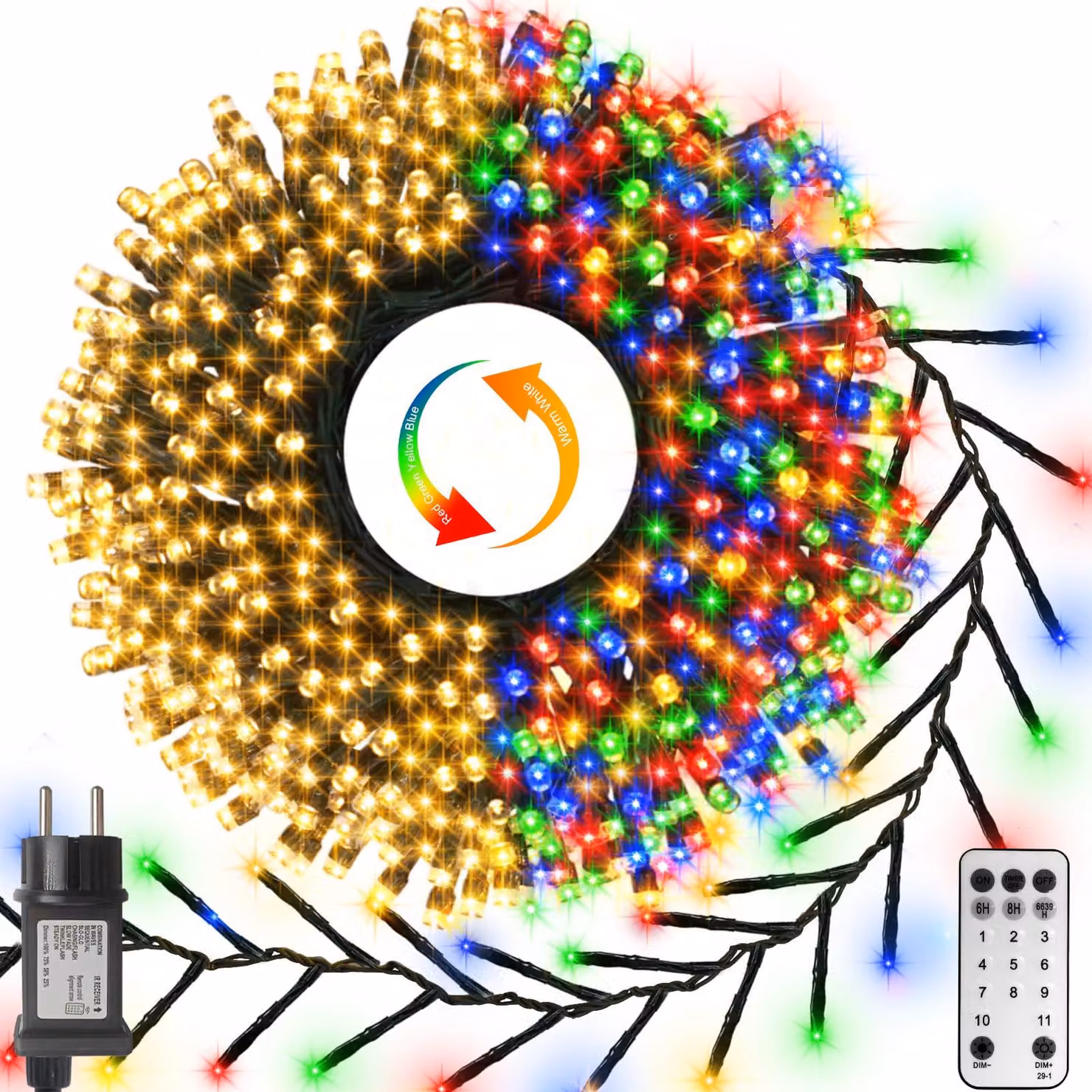 Catena luminosa a LED da 15 metri, 1000 LED, luce bianco caldo/multicolore, con timer e telecomando