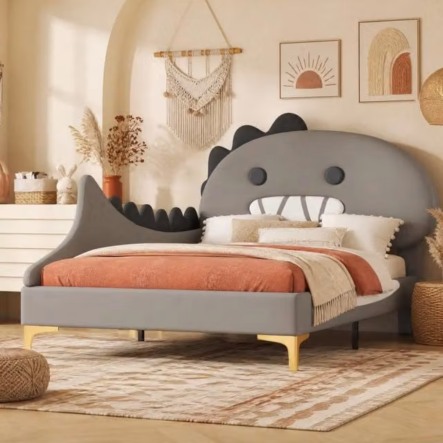 Letto per bambini con testiera a dinosauro; per materasso 90 x 200 cm; PU e MDF; grigio