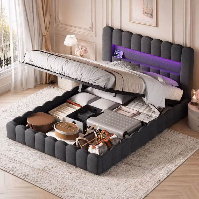 Letto imbottito INONEFT 140x200 cm con LED e porta USB di tipo C, letto con struttura a molle e rete a doghe, contenitore integrato, tessuto in lino color grigio scuro