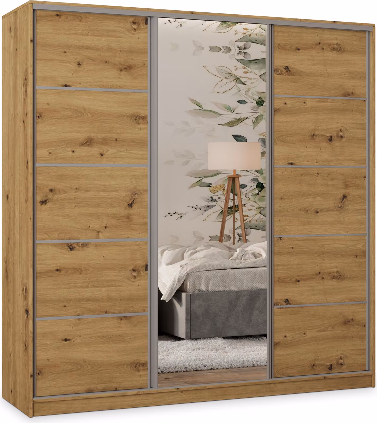 Armadio scorrevole Masseno PINA 180/205/58 cm Armadio con 4 cassetti Armadio per camera da letto a 3 ante con specchio Rovere Artisan