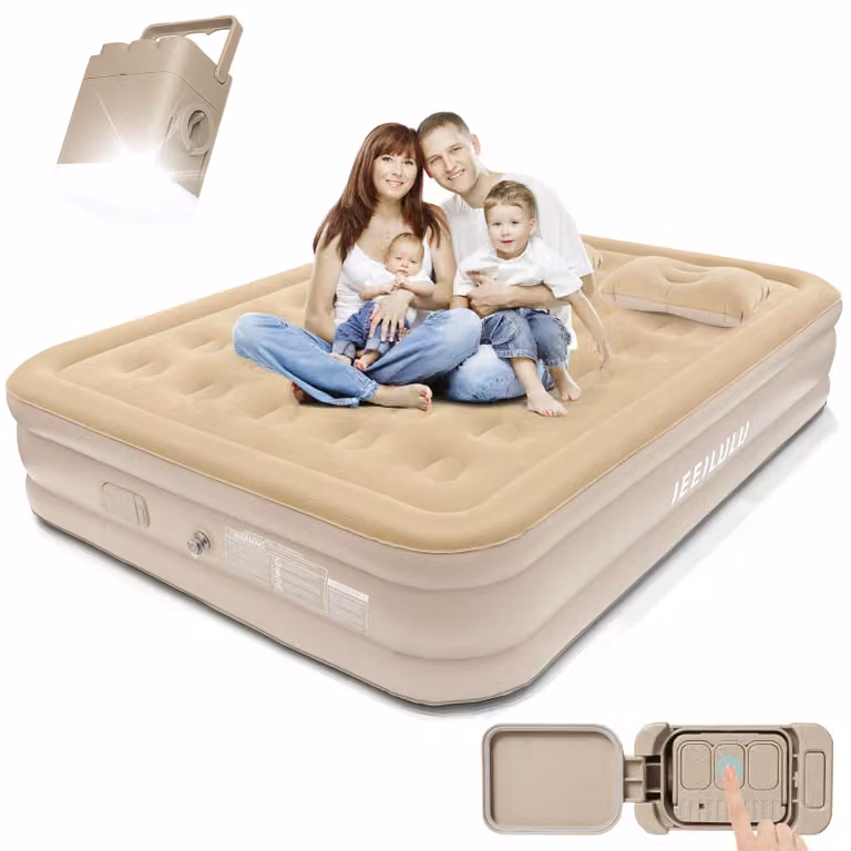 Letto gonfiabile con pompa, dimensioni 200x150x40 cm, capacità massima 300 kg, completo di cuscino e luce notturna