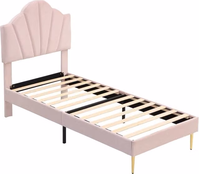 Letto imbottito in velluto rosa 90x200 cm con testiera regolabile e base in legno e metallo dorato