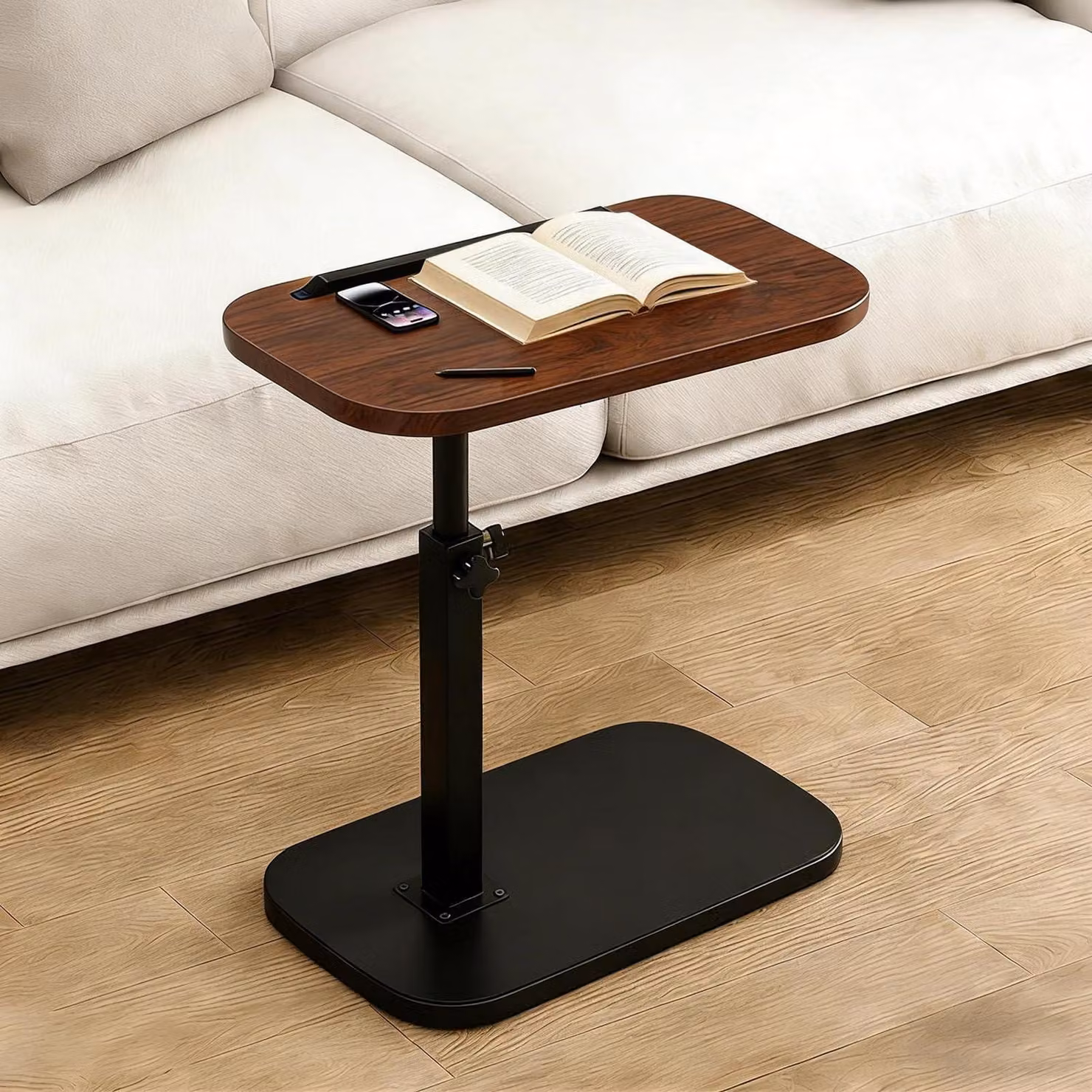 Tavolino girevole, con altezza regolabile da 45 a 80 cm, con meccanismo di sollevamento e ribaltamento, ideale come tavolino da caffè o comodino, finitura effetto noce e struttura nera