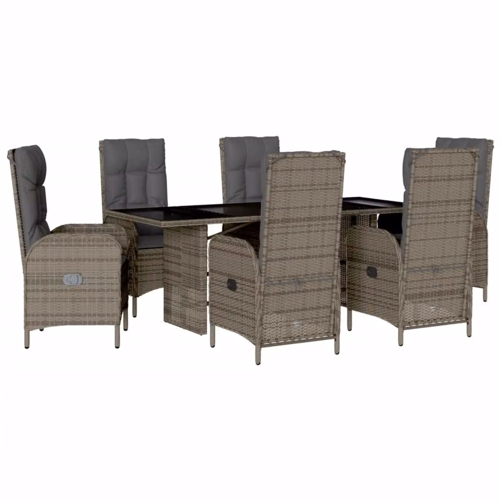 Set da Pranzo da Giardino 7 pz con Cuscini in Polyrattan Grigio