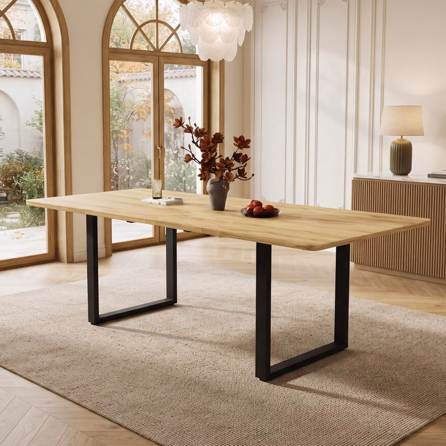 Tavolo da pranzo estensibile, con struttura in metallo, adatto per 6-10 persone, design semplice, tavolo da cucina in legno naturale