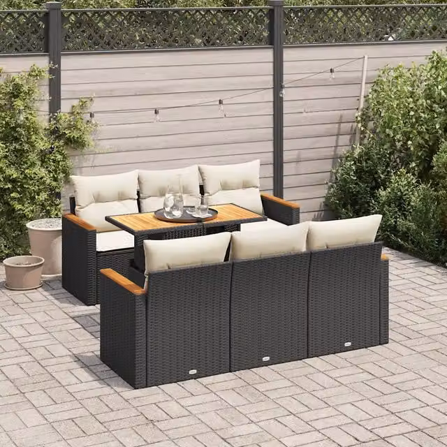 Set Divani da Giardino con Cuscini 7pz Nero Polyrattan Acacia 3327444