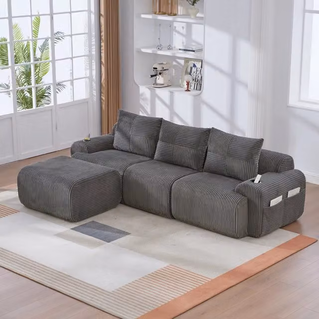 Divano modulare 3 posti 268 x 174 x 80 cm con pouf in velluto a coste grigio scuro per soggiorno