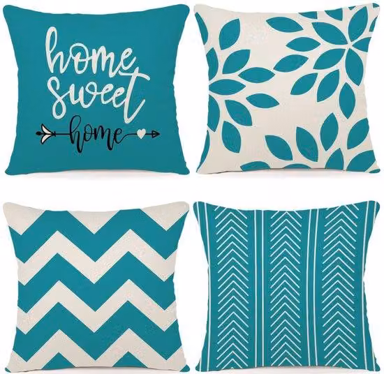 Set di 4 fodere decorative per cuscini da esterno in lino, blu acqua, 40 x 40 cm, per camera da letto, divano, sedia, letto, giardino