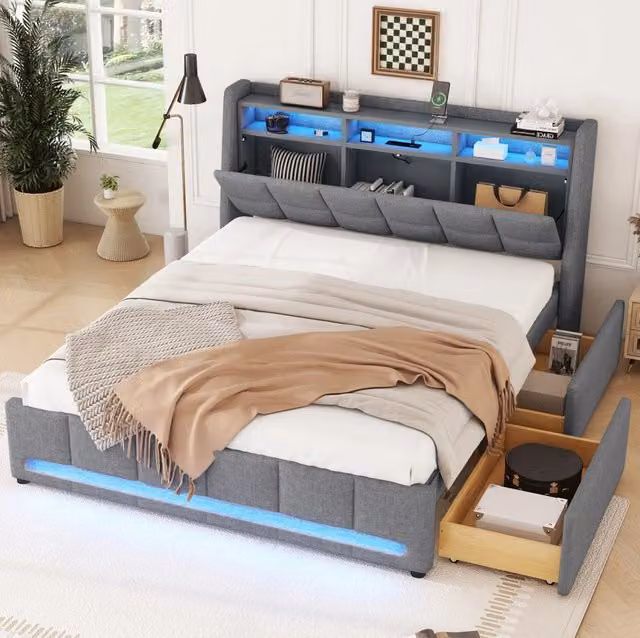 Letto imbottito 140x200 cm con LED a controllo APP, 2 cassetti, prese USB, in lino grigio senza materasso
