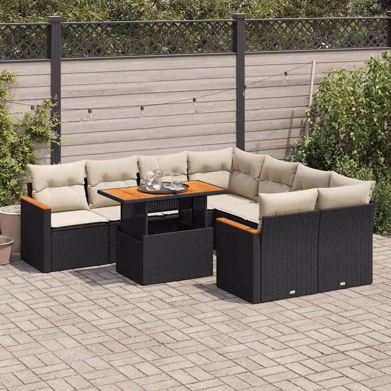 Set di divani da giardino vidaXL 9 pz in polyrattan e legno di acacia con cuscini neri e bianchi e tavolino da esterno