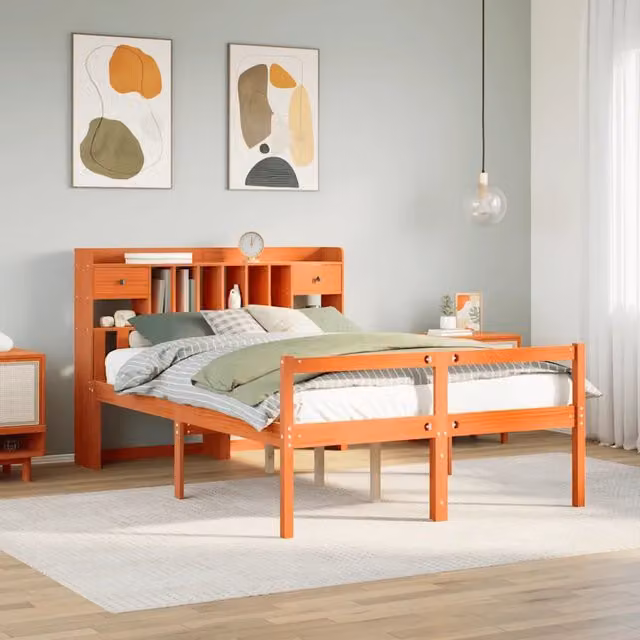 Letto Libreria senza Materasso Marrone Cera 160x200 cm in Pino 3322075